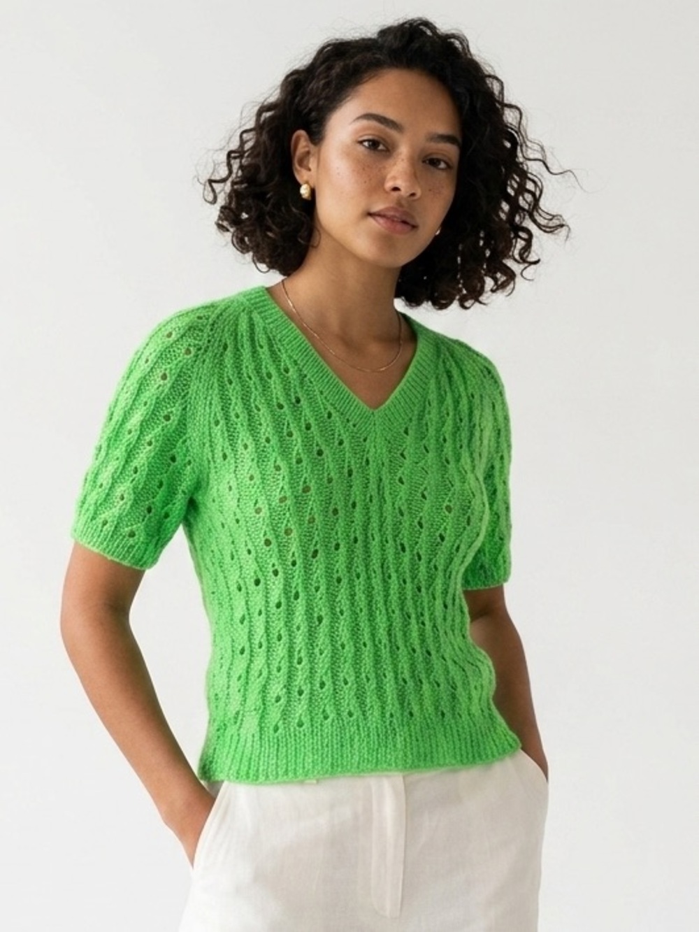 Green Open Knit Eyelet Short Sleeve V Neck Sweater Hand Knit S/M Cottagecore